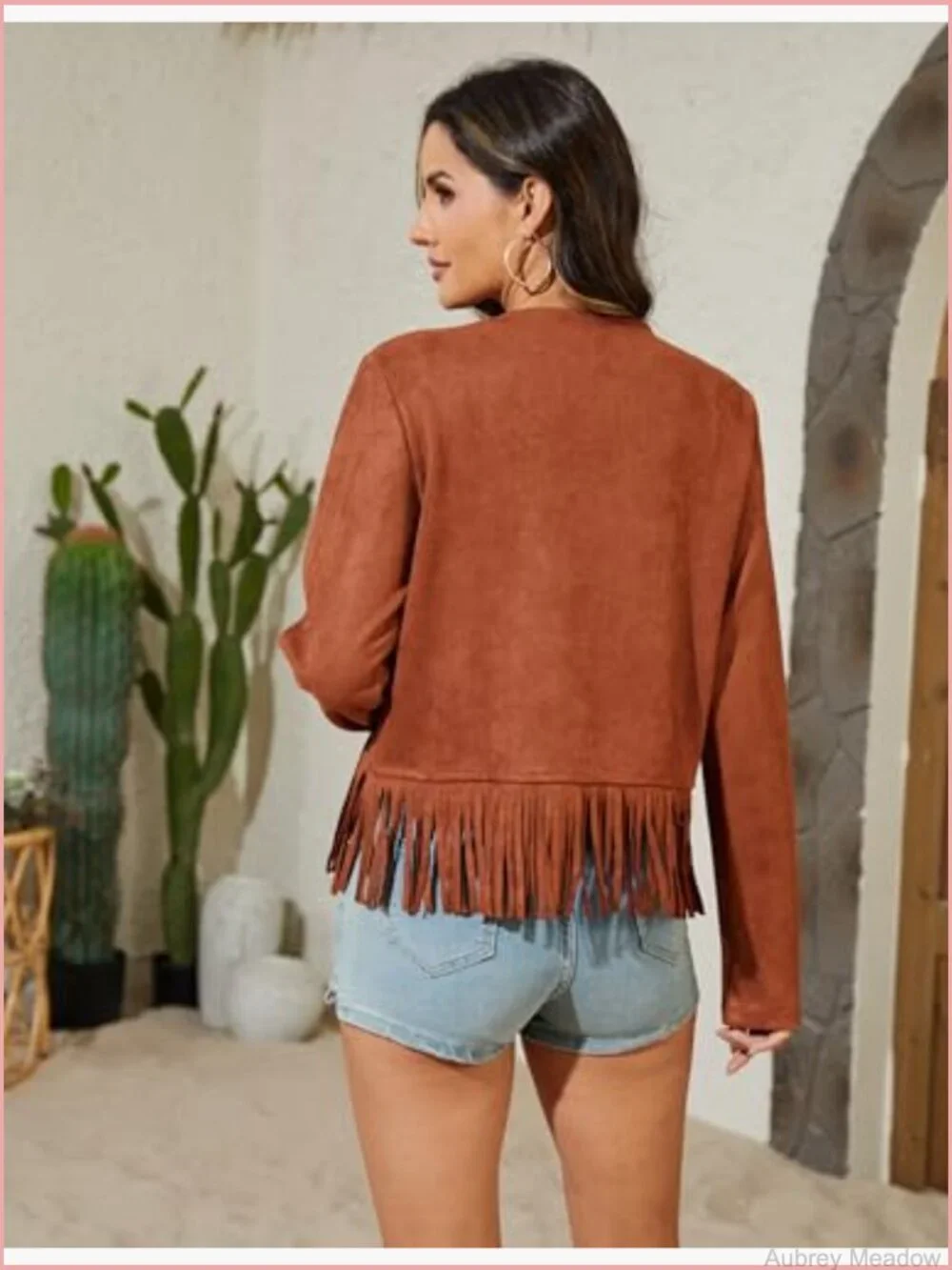 Oversized Fringe Cropped Faux Suede Western Cowgirl Motorcycle Coat with Pockets - Picture 6 of 7